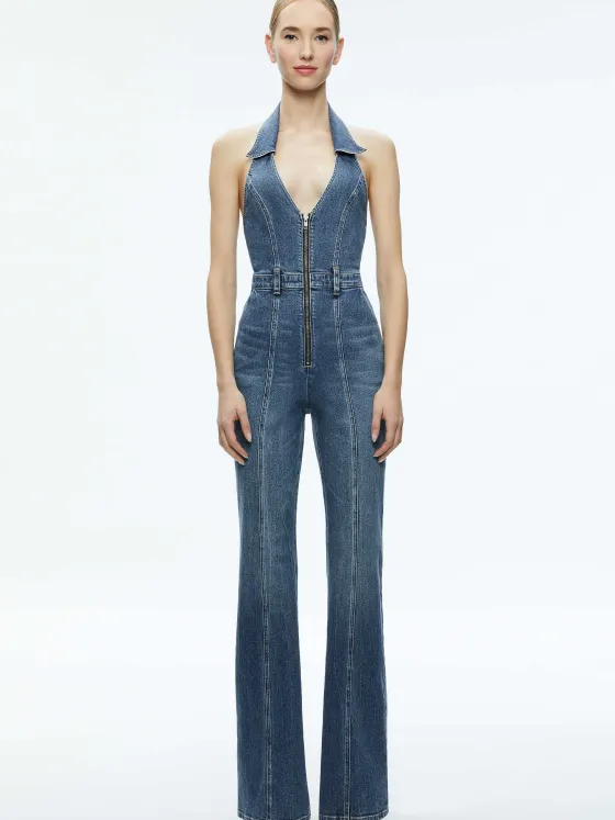 Women Alice and Olivia Noemi Halter Neck Denim Jumpsuit