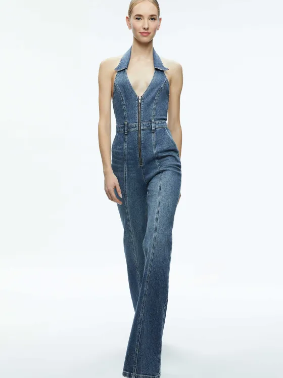 Women Alice and Olivia Noemi Halter Neck Denim Jumpsuit