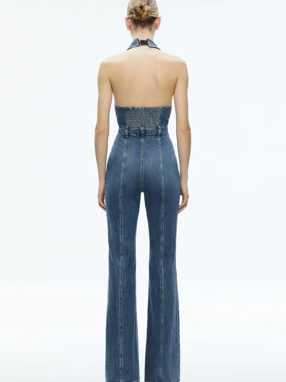 Women Alice and Olivia Noemi Halter Neck Denim Jumpsuit