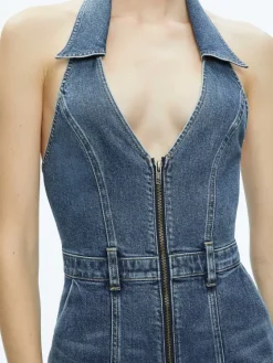 Women Alice and Olivia Noemi Halter Neck Denim Jumpsuit