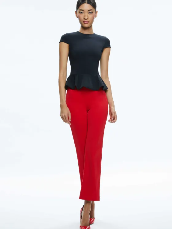 Women Alice and Olivia Poppy Crew Neck Cap Sleeve Peplum Top