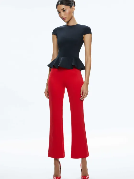 Women Alice and Olivia Poppy Crew Neck Cap Sleeve Peplum Top