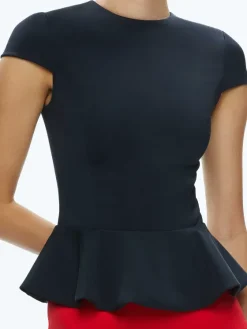 Women Alice and Olivia Poppy Crew Neck Cap Sleeve Peplum Top