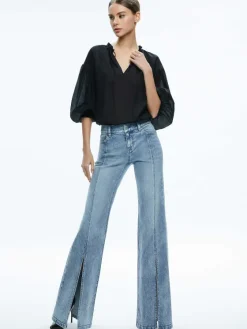 Women Alice and Olivia Sedona Low Rise Center Front Slits Flare Jean