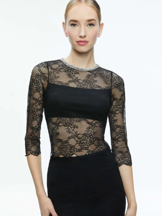 Women Alice and Olivia Vanita Embellished Neck Lace Crop Top + Iyanna Lace Maxi Skirt