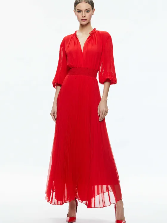 Women Alice and Olivia Vernia Blouson Sleeve Pleated Maxi Dress