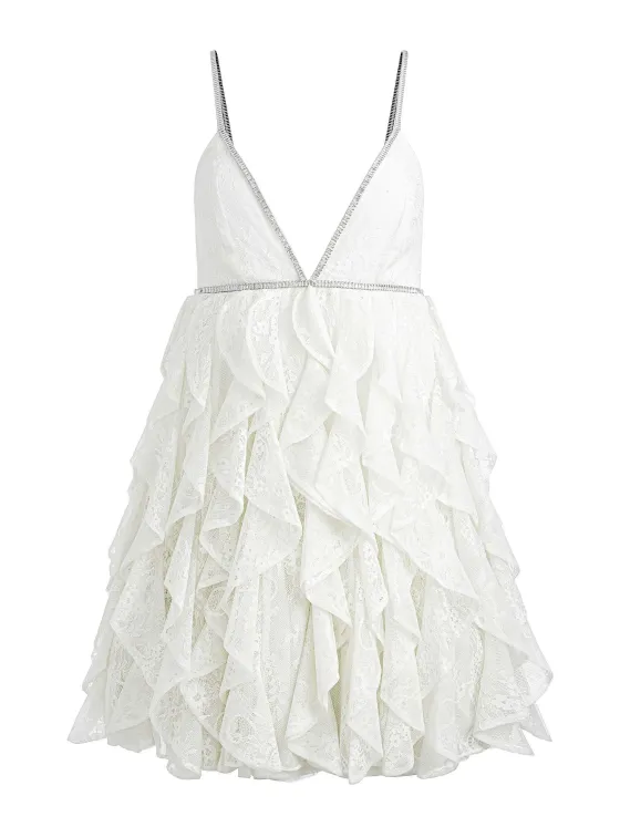 Women Alice and Olivia Wilmarie Embellished Lace Ruffle Mini Gown