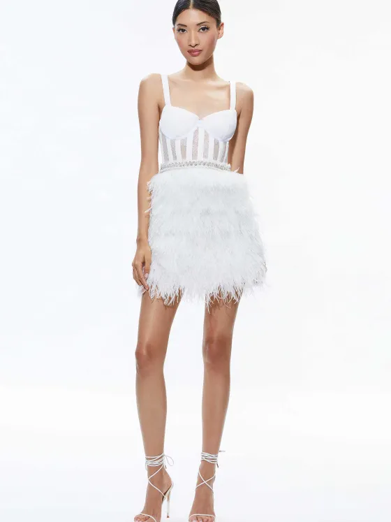 Women Alice and Olivia Xia Sheer Bustier Feathered Mini Dress